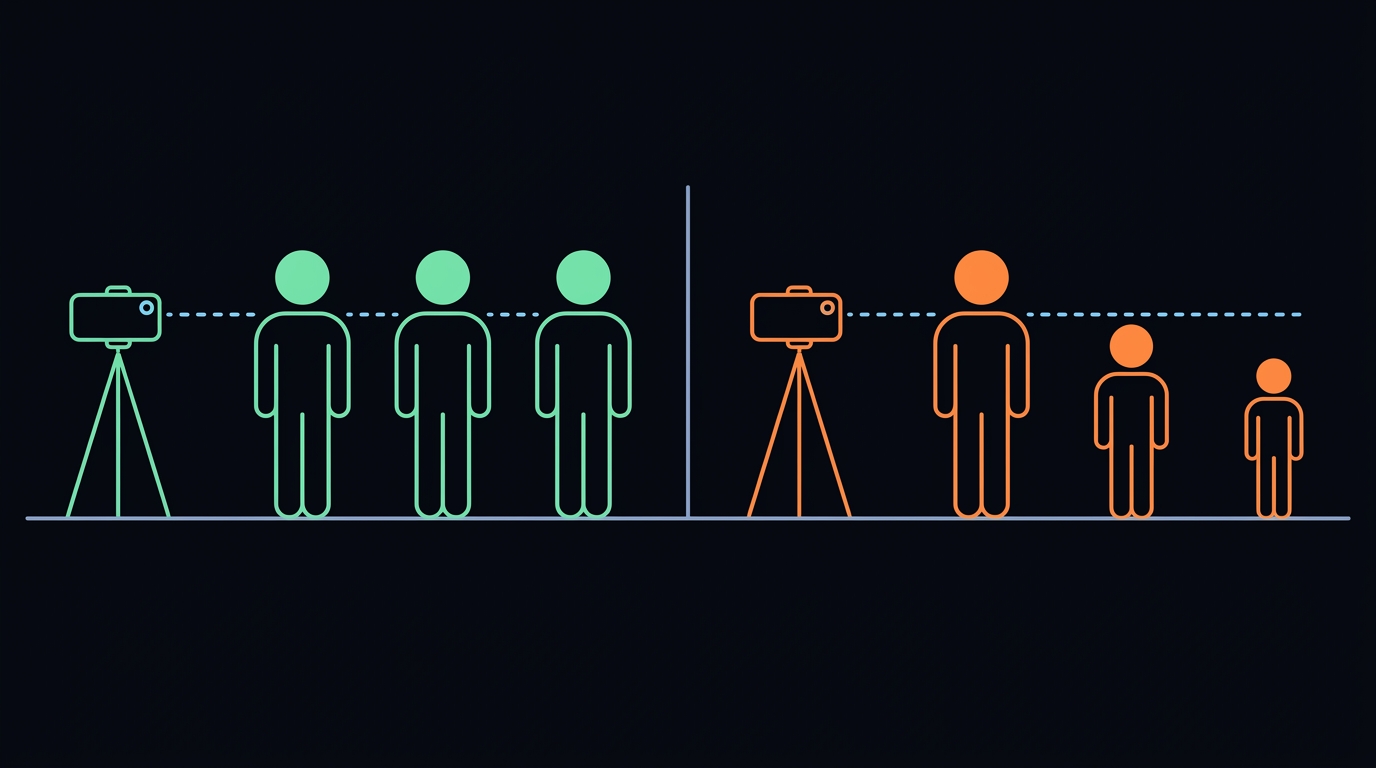 Two set-ups compared side by side. On the left, a phone on a tripod and three identical figures, all the same size, because the distance holds. On the right, the same phone and three figures that shrink into the distance as the athlete runs away.