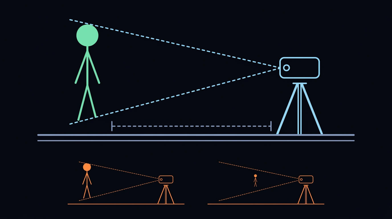 A side elevation. A phone on a tripod at hip height, its field of view fanning out to an athlete standing so their head and feet sit just inside the frame. Below, two smaller failure cases: one where the athlete is too close and their head is cropped, one where they are too far away to measure.